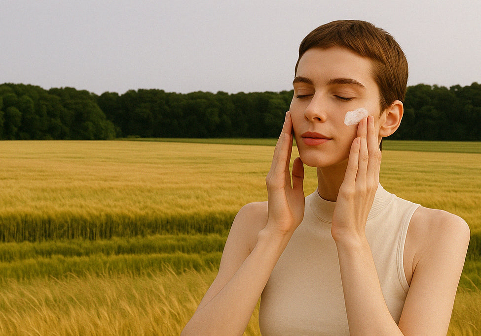 Woman applying facial moisturizer to her face in a wheat field